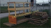 10 wooden pallets and 3 shelf bases