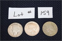 3 Peace Silver Dollars - 1922-P, 1922-P, 1922-S
