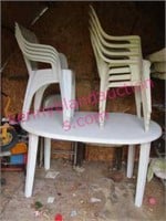 white plastic table -8 white chairs -metal chairs
