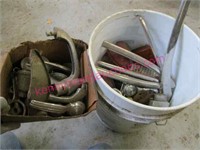 bucket & box of old car handles -cranks -etc