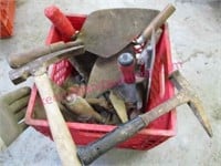 old trowels & 2 hammers in smiths dairy crate