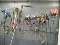 wall of garage items (5 respirators -misc items)