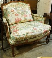 VINTAGE FRENCH CARVED OAK ARMCHAIR IN CHINTZ