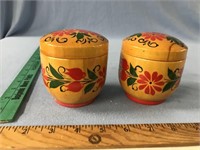 2 Russian wood covered round dishes with leaves pa