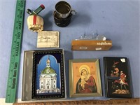Lot of: 2 Russian icons, a Russian notebook, a tra