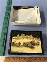 Russian lacquer box signed, has 3 Russian sleds wi