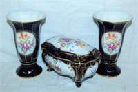 German 3 pc. Echt Kobalt vase and dresser box