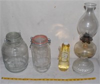 GLASS COOKIE JAR, OIL LAMP WITH OIL