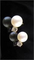 Pair of 14K Yellow Gold Pearl, Diamond Earrings