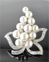 A 14K White Gold Diamond and Pearl Grape Brooch