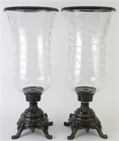 Pair of Bronze and Glass Hurricane Lamps