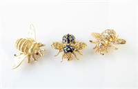 Three Bee Pins, 14K, Diamond, Sapphire