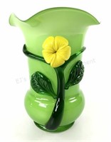 Green Art Glass Vase W/ Flower