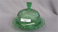 Pattern Glass butter dish-green Feather