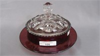 Pattern Glass butter dish-ruby stain-Kings Crown