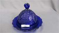 Pattern Glass butter dish-blue Maple Leaf