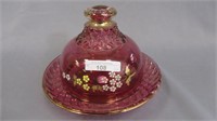 Pattern Glass butter dish-ruby stain w/HP florals