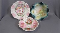 3 German deep bowls-2 floral, 1 portrait