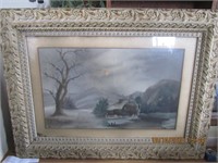 Antique Oil on Canvas Watermill Winter Barn