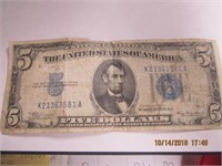 1934 A Series Silver Blue $5.00 Silver Certificate