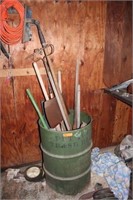 Metal Trashcan & Assorted Yard Tools