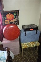 Bench, Footstools, Pillow & Suitcase