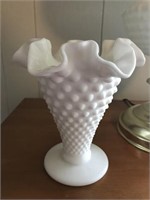 22" MILK GLASS LAMP AND 6" MILK GLASS VASE