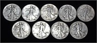 9- Silver Walking Liberty U.S. Half Dollar Coins