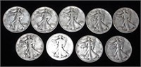 9- Silver Walking Liberty U.S. Half Dollar Coins