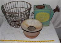 EGG BASKET, WATERING CAN, CAST IRON SPITTOON