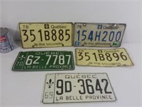 5 plaques d'immatriculation Québec 1969,70,78,79