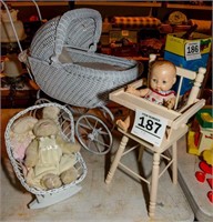 Wicker buggy, cradle & high chair