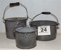 Grey enamel pots & lids (3)  largest is 6-1/2" t