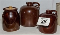 Stoneware jugs (2) & crock - chip in lip