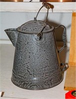 Grey enamel kettle 13" tall