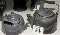 Grey enamel kettles (2) largest is 8" tall
