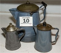 Grey enamel coffee pots (3) largest is 12" tall