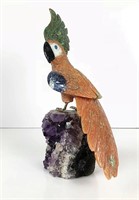 Carved Stone Parrot on Amethyst Geode