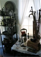 PEWTER ITEMS, WOODEN AND GOLD FILL CANES AND MORE