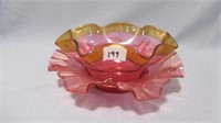 Victorian cranbery threaded ramkin bowl and plate
