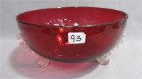 Bowl 9" Cranberry with crystal exterior and feet