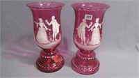 Vase 10" pair Cranberry glass with applied white