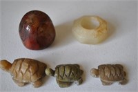 3 Turtle Sculptures, Red Stone, Mini Pot