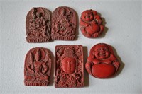 5 Antique Asian Carved Red Pendants