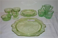 9 Pieces of Green Depression Glass