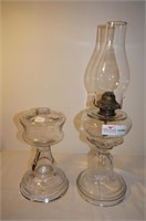 2 Unmatched pattern glass oil lamps