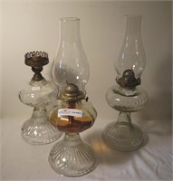 3 Unmatched pattern glass oil lamps