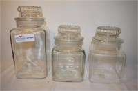 3 unmatched pattern glass gum jars
