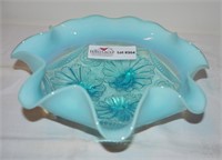 Aqua blue Fenton footed opalescent bowl
