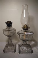 2 Unmatched Pattern Glass Oil Lamps